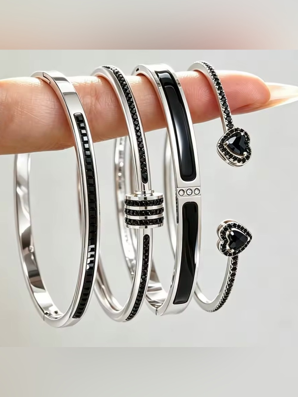 Nordstrom Silver-Tone Bracelet Set with Black Crystals and Enamel